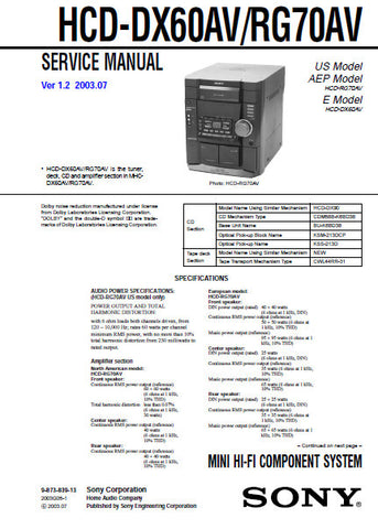 SONY HCD-DX60AV HCD-RG70AV MINI HIFI COMPONENT SYSTEM SERVICE MANUAL INC BLK DIAGS PCBS SCHEM DIAGS AND PARTS LIST 76 PAGES ENG