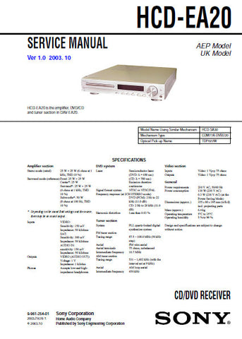 SONY HCD-EA20 CD DVD RECEIVER SERVICE MANUAL INC BLK DIAGS PCBS SCHEM DIAGS AND PARTS LIST 102 PAGES ENG