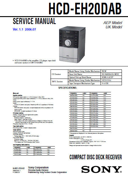 SONY HCD-EH20DAB CD DECK RECEIVER SERVICE MANUAL INC BLK DIAGS PCBS SCHEM DIAGS AND PARTS LIST 44 PAGES ENG