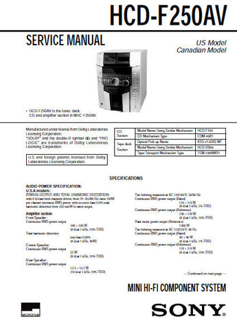 SONY HCD-F250AV MINI HIFI COMPONENT SYSTEM SERVICE MANUAL INC BLK DIAGS PCBS SCHEM DIAGS AND PARTS LIST 82 PAGES ENG
