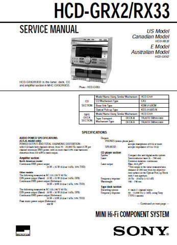 SONY HCD-GRX2 HCD-RX33 MINI HIFI COMPONENT SYSTEM SERVICE MANUAL INC BLK DIAGS PCBS SCHEM DIAGS AND PARTS LIST 36 PAGES ENG