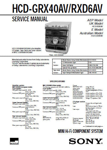 SONY HCD-GRX40AV HCD-RXD6AV MINI HIFI COMPONENT SYSTEM SERVICE MANUAL INC BLK DIAGS PCBS SCHEM DIAGS AND PARTS LIST 62 PAGES ENG
