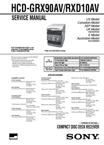 SONY HCD-GRX90AV HCD-RXD10AV CD DECK RECEIVER SERVICE MANUAL INC BLK DIAGS PCBS SCHEM DIAGS AND PARTS LIST 74 PAGES ENG