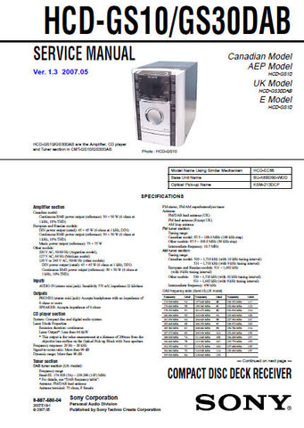 SONY HCD-GS10 HCD-GS30DAB CD DECK RECEIVER SERVICE MANUAL INC BLK DIAGS PCBS SCHEM DIAGS AND PARTS LIST 78 PAGES ENG