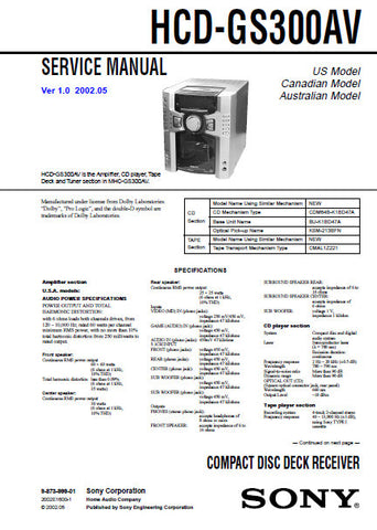 SONY HCD-GS300AV CD DECK RECEIVER SERVICE MANUAL INC BLK DIAGS PCBS SCHEM DIAGS AND PARTS LIST 72 PAGES ENG