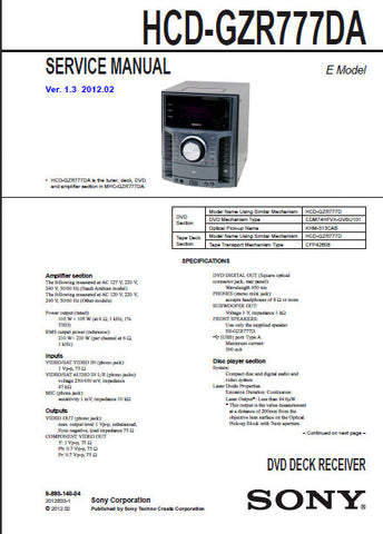 SONY HCD-GZR777DA DVD DECK RECEIVER SERVICE MANUAL INC BLK DIAGS PCBS SCHEM DIAGS AND PARTS LIST 100 PAGES ENG