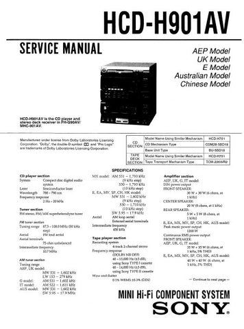 SONY HCD-H901AV MINI HIFI COMPONENT SYSTEM SERVICE MANUAL INC BLK PCBS SCHEM DIAGS AND PARTS LIST 58 PAGES ENG