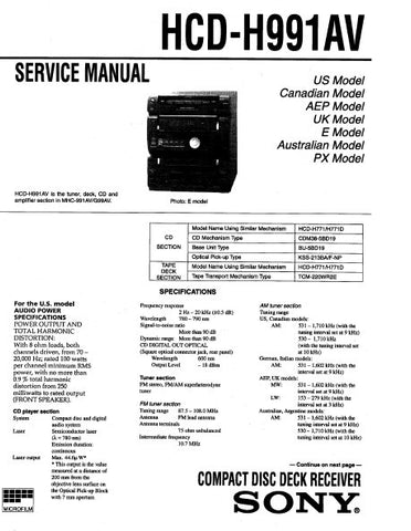 SONY HCD-H991AV CD DECK RECEIVER SERVICE MANUAL INC BLK DIAGS PCBS SCHEM DIAGS AND PARTS LIST 108 PAGES ENG