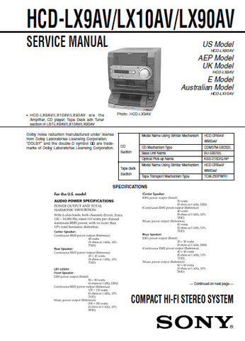 SONY HCD-LX9AV HCD-LX10AV HCD-LX90AV COMPACT HIFI STEREO SYSTEM SERVICE MANUAL INC BLK DIAGS PCBS SCHEM DIAGS AND PARTS LIST 82 PAGES ENG