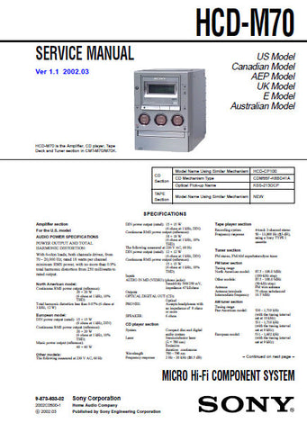 SONY HCD-M70 MICRO HIFI COMPONENT SYSTEM SERVICE MANUAL INC BLK DIAGS PCBS SCHEM DIAGS AND PARTS LIST 54 PAGES ENG