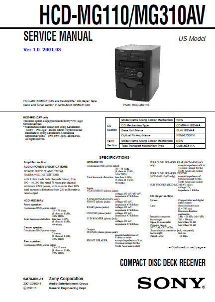 SONY HCD-MG110 HCD-MG310-AV CD DECK RECEIVER SERVICE MANUAL INC BLK DIAGS PCBS SCHEM DIAGS AND PARTS LIST 70 PAGES ENG