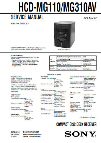 SONY HCD-MG110 HCD-MG310-AV CD DECK RECEIVER SERVICE MANUAL INC BLK DIAGS PCBS SCHEM DIAGS AND PARTS LIST 70 PAGES ENG