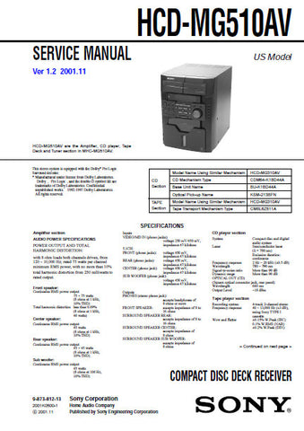 SONY HCD-MG510AV CD DECK RECEIVER SERVICE MANUAL INC BLK DIAGS PCBS SCHEM DIAGS AND PARTS LIST 74 PAGES ENG