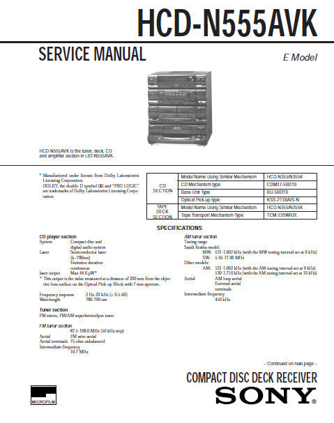 SONY HCD-N555AVK CD DECK RECEIVER SERVICE MANUAL INC BLK DIAGS PCBS SCHEM DIAGS AND PARTS LIST 75 PAGES ENG