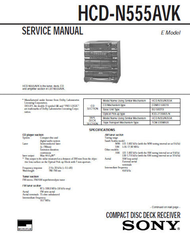 SONY HCD-N555AVK CD DECK RECEIVER SERVICE MANUAL INC BLK DIAGS PCBS SCHEM DIAGS AND PARTS LIST 75 PAGES ENG