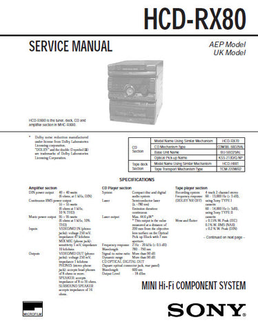 SONY HCD-RX80 MINI HIFI COMPONENT SYSTEM SERVICE MANUAL INC PCBS SCHEM DIAGS AND PARTS LIST 18 PAGES ENG