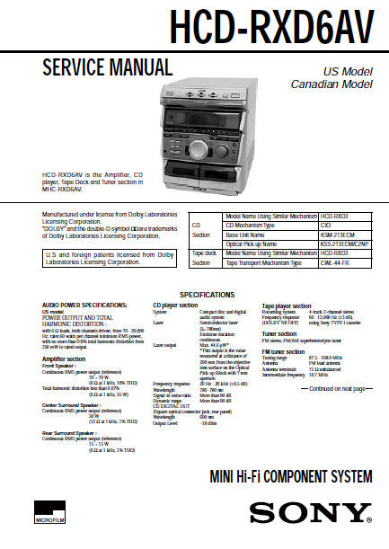 SONY HCD-RXD6AV MINI HIFI COMPONENT SYSTEM SERVICE MANUAL INC BLK DIAG PCBS SCHEM DIAGS AND PARTS LIST 62 PAGES ENG