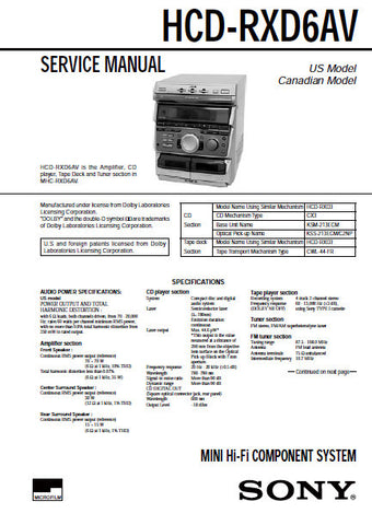 SONY HCD-RXD6AV MINI HIFI COMPONENT SYSTEM SERVICE MANUAL INC BLK DIAG PCBS SCHEM DIAGS AND PARTS LIST 62 PAGES ENG