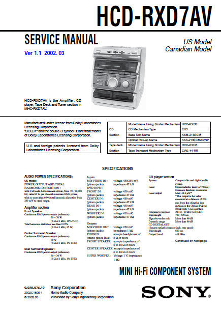 SONY HCD-RXD7AV MINI HIFI COMPONENT SYSTEM SERVICE MANUAL INC BLK DIAGS PCBS SCHEM DIAGS AND PARTS LIST 64 PAGES ENG