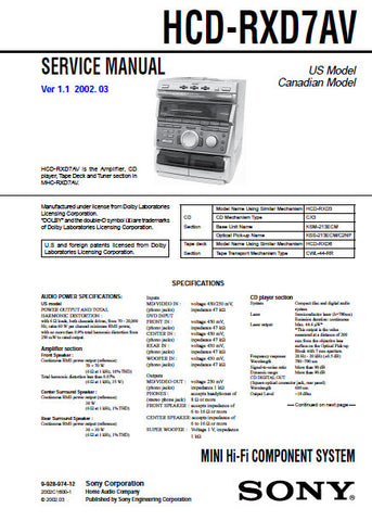SONY HCD-RXD7AV MINI HIFI COMPONENT SYSTEM SERVICE MANUAL INC BLK DIAGS PCBS SCHEM DIAGS AND PARTS LIST 64 PAGES ENG