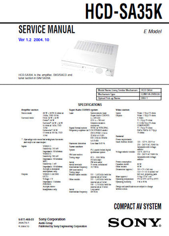 SONY HCD-SA35K COMPACT AV SYSTEM SERVICE MANUAL INC BLK DIAGS PCBS SCHEM DIAGS AND PARTS LIST 108 PAGES ENG