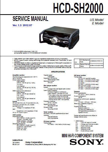 SONY HCD-SH2000 MINI HIFI COMPACT COMPONENT SYSTEM SERVICE MANUAL INC BLK DIAGS PCBS SCHEM DIAGS AND PARTS LIST 96 PAGES ENG