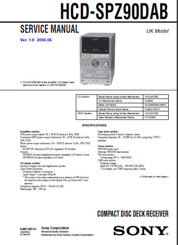 SONY HCD-SPZ90DAB CD DECK RECEIVER SERVICE MANUAL INC BLK DIAGS PCBS SCHEM DIAGS AND PARTS LIST 69 PAGES ENG