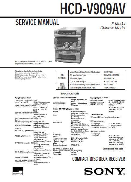 SONY HCD-V909AV CD DECK RECEIVER SERVICE MANUAL INC BLK DIAGS PCBS SCHEM DIAGS AND PARTS LIST 88 PAGES ENG