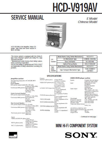 SONY HCD-V919AV MINI HIFI COMPONENT SYSTEM SERVICE MANUAL INC BLK DIAGS  PCBS SCHEM DIAGS AND PARTS LIST 100 PAGES ENG
