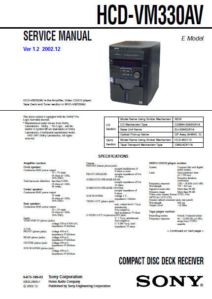 SONY HCD-VM330AV CD DECK RECEIVER SERVICE MANUAL INC BLK DIAGS PCBS SCHEM DIAGS AND PARTS LIST 88 PAGES ENG