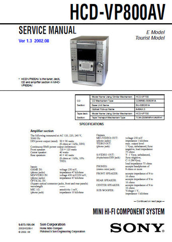 SONY HCD-VP800AV MINI HIFI COMPONENT SYSTEM SERVICE MANUAL INC BLK DIAGS PCBS SCHEM DIAGS AND PARTS LIST 90 PAGES ENG