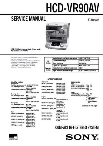 SONY HCD-VR90AV COMPACT HIFI STEREO SYSTEM SERVICE MANUAL INC BLK DIAGS PCBS SCHEM DIAGS AND PARTS LIST 96 PAGES ENG