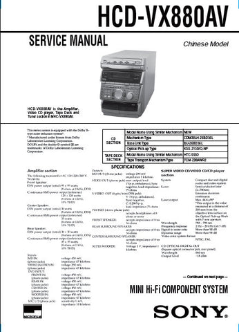 SONY HCD-VX880AV MINI HIFI COMPONENT SYSTEM SERVICE MANUAL INC BLK DIAGS PCBS SCHEM DIAGS AND PARTS LIST 88 PAGES ENG