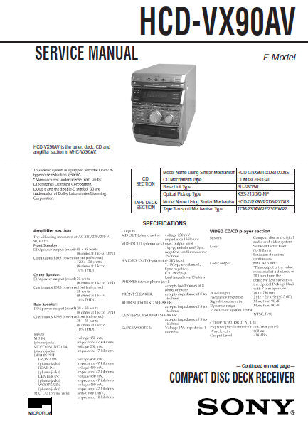 SONY HCD-VX90AV CD DECK RECEIVER SERVICE MANUAL INC BLK DIAGS PCBS SCHEM DIAGS AND PARTS LIST 88 PAGES ENG