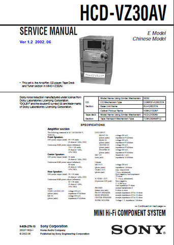 SONY HCD-VZ30AV MINI HIFI COMPONENT SYSTEM SERVICE MANUAL INC BLK DIAGS PCBS SCHEM DIAGS AND PARTS LIST 88 PAGES ENG