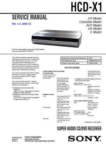 SONY HCD-X1 SUPER AUDIO CD DVD RECEIVER SERVICE MANUAL INC BLK DIAGS PCBS SCHEM DIAGS AND PARTS LIST 118 PAGES ENG