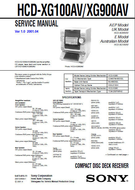 SONY HCD-XG100AV HCD-XG900AV CD DECK RECEIVER SERVICE MANUAL INC BLK DIAGS PCBS SCHEM DIAGS AND PARTS LIST 86 PAGES ENG