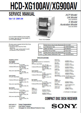 SONY HCD-XG100AV HCD-XG900AV CD DECK RECEIVER SERVICE MANUAL INC BLK DIAGS PCBS SCHEM DIAGS AND PARTS LIST 86 PAGES ENG