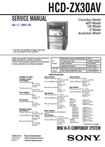 SONY HCD-ZX30AV MINI HIFI COMPONENT SYSTEM SERVICE MANUAL INC BLK DIAGS PCBS SCHEM DIAGS AND PARTS LIST 80 PAGES ENG
