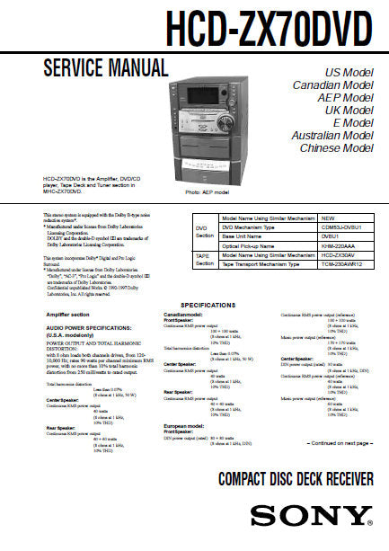 SONY HCD-ZX70DVD CD DECK RECEIVER SERVICE MANUAL INC PCBS SCHEM DIAGS AND PARTS LIST 96 PAGES ENG