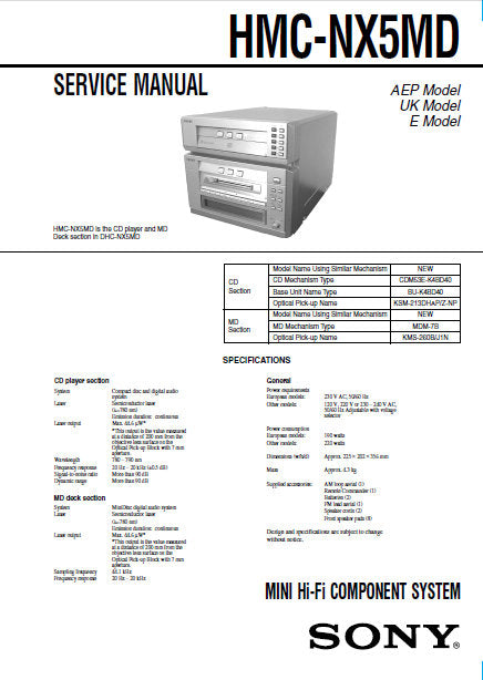 SONY HMC-NX5MD MINI HIFI COMPONENT SYSTEM SERVICE MANUAL INC BLK DIAGS PCBS SCHEM DIAGS AND PARTS LIST 86 PAGES ENG