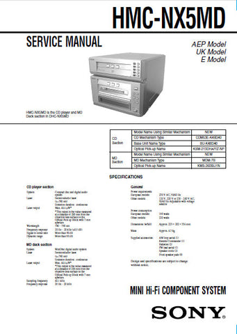 SONY HMC-NX5MD MINI HIFI COMPONENT SYSTEM SERVICE MANUAL INC BLK DIAGS PCBS SCHEM DIAGS AND PARTS LIST 86 PAGES ENG