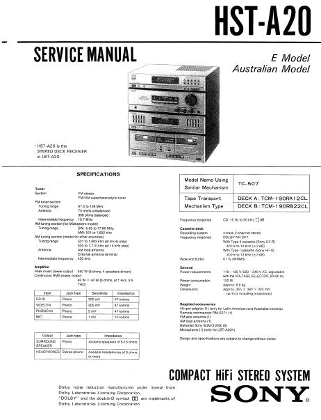 SONY HST-A20 COMPACT HIFI STEREO SYSTEM SERVICE MANUAL INC PCBS SCHEM DIAGS AND PARTS LIST 36 PAGES ENG