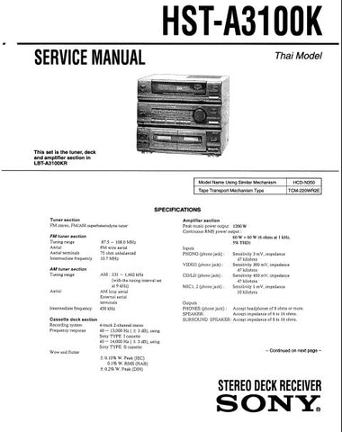 SONY HST-A3100K STEREO DECK RECEIVER SERVICE MANUAL INC PCBS SCHEM DIAGS AND PARTS LIST 40 PAGES ENG