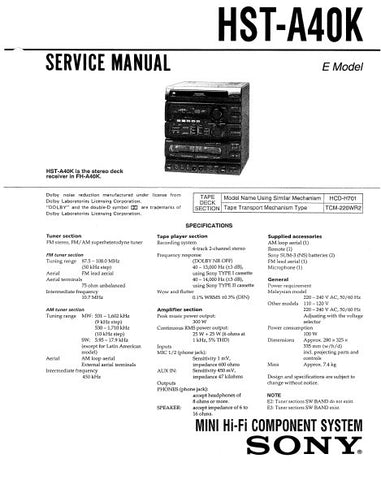 SONY HST-A40K MINI HIFI COMPONENT SYSTEM SERVICE MANUAL INC PCBS SCHEM DIAGS AND PARTS LIST 41 PAGES ENG