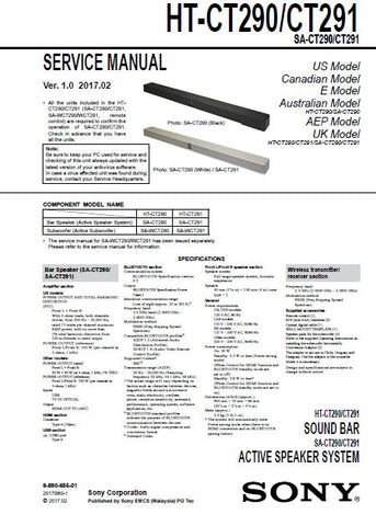 SONY HT-CT290 HT-CT291 SA-CT290 SA-CT291 SOUND BAR AND ACTIVE SPEAKER SYSTEM SERVICE MANUAL INC BLK DIAGS PCBS SCHEM DIAGS AND PARTS LIST 42 PAGES ENG
