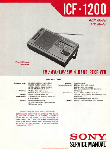 SONY ICF-1200 FM MW LW SW 4 BAND RECEIVER SERVICE MANUAL INC BLK DIAG PCBS SCHEM DIAG AND PARTS LIST 12 PAGES ENG