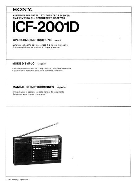 SONY ICF-2001D AIR FM LW MW SW PLL SYNTHESIZED RECEIVER FM LW MW SW PLL SYNTHESIZED RECEIVER OPERATING INSTRUCTIONS 23 PAGES ENG