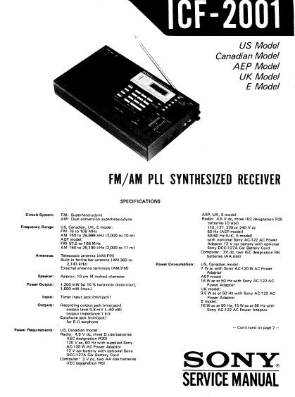 SONY ICF-2001 FM AM PLL SYNTHESIZED RECEIVER SERVICE MANUAL INC BLK DIAG PCBS SCHEM DIAG AND PARTS LIST 21 PAGES ENG