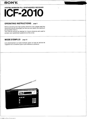 SONY ICF-2010 AIR FM LW MW SW PLL SYNTHESIZED RECEIVER OPERATING INSTRUCTIONS 20 PAGES ENG